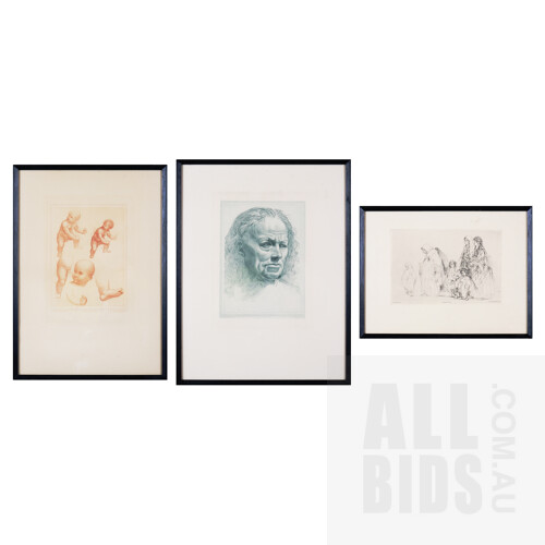 After Leonardo de Vinci, Two Framed Etchings (by Alphonse Leroy), together with another, Les Zimgarras by A. Brouet, each 25 x 18 cm (image size) (3)