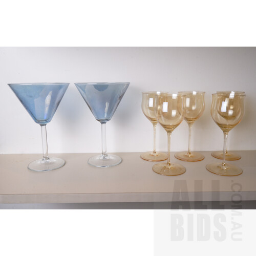 Pair of Iridescent Glass Martini Glasses with Five Very Fine Iridescent Wine Glasses
