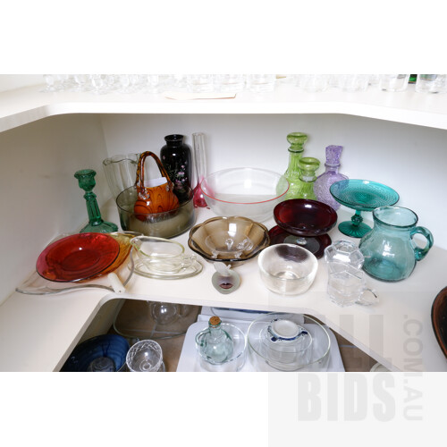 Large Collection of Retro Glass Serving Ware and Ornaments, Including Basket Vase, Depression Glass Water Pitcher and More 