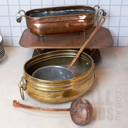 Collection of Antique and Vintage Copper and Brassware, Including Large Ladle, Warming Stand and More