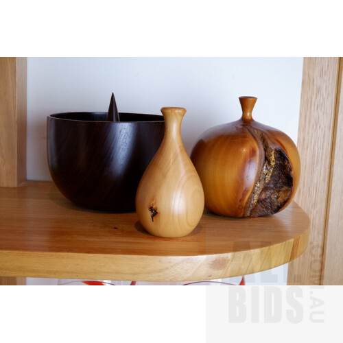 Bespoke Rosewood Ring Dish, G Webb Huon Pine Stem Vase and a Mike Maddock Huon Pine Stem Vase 