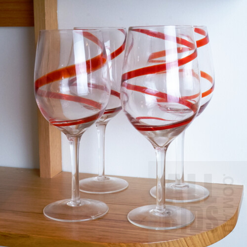 Four Large Red Swirl Wine Glasses