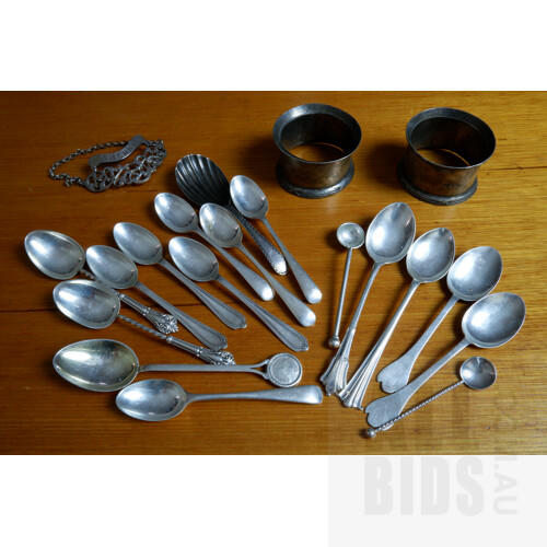 Compilation of Antique and Vintage Sterling Silver Teaspoons, Napkin Rings and a Sherry Decanter Label, 208g