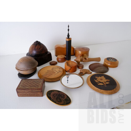Collection of Australian and International Hardwood Carvings, Including Woodwork by Dave Plaques, Carved Gum and Maple Boxes and More