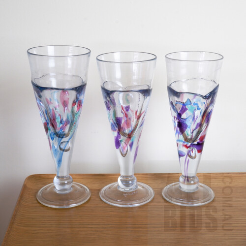 Clare Belfrage, Three Studio Art Glass Wine Goblets