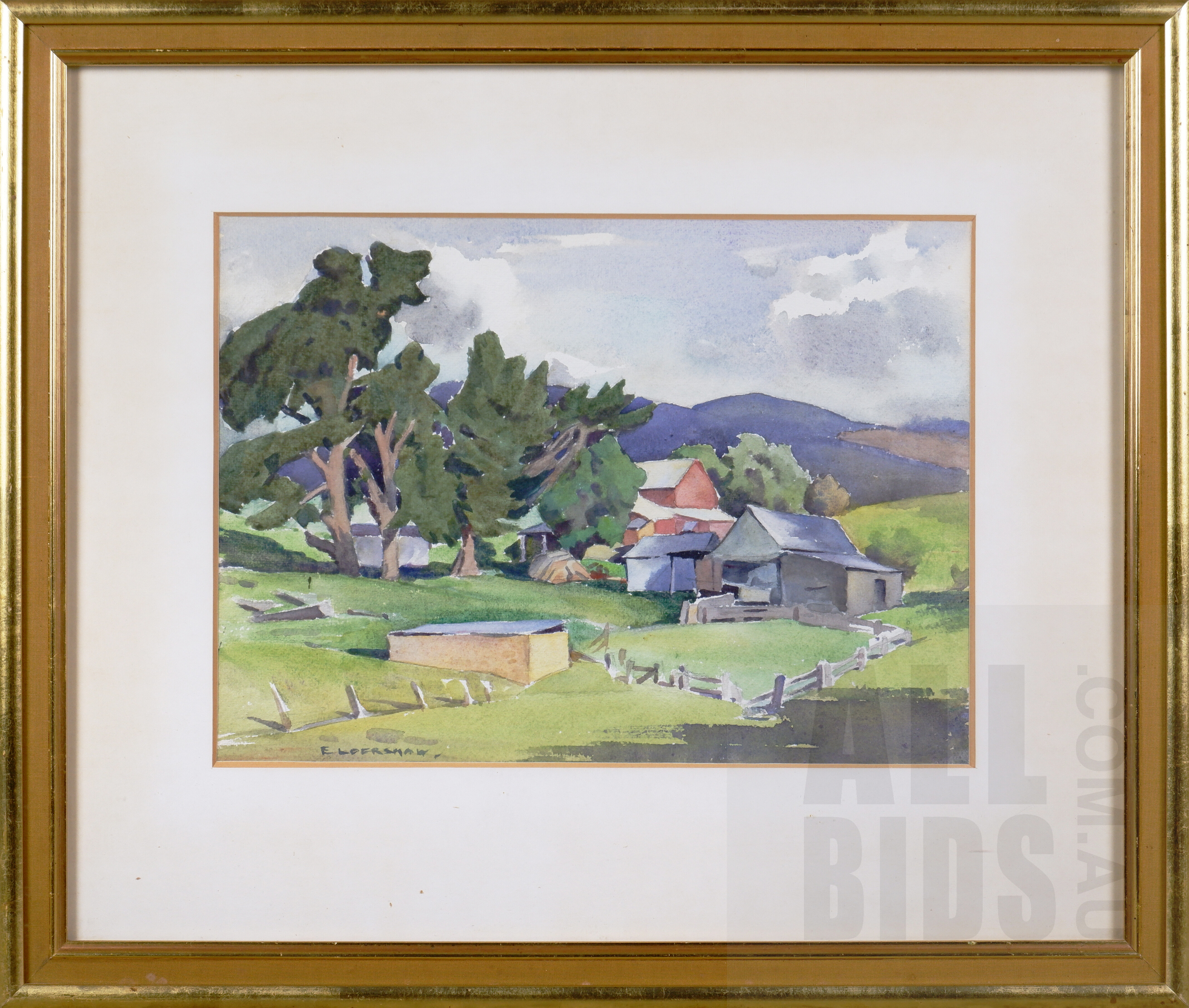 'John Eldershaw (1892-1973), Untitled (Farm Buildings), Watercolour, 27 x 37 cm'