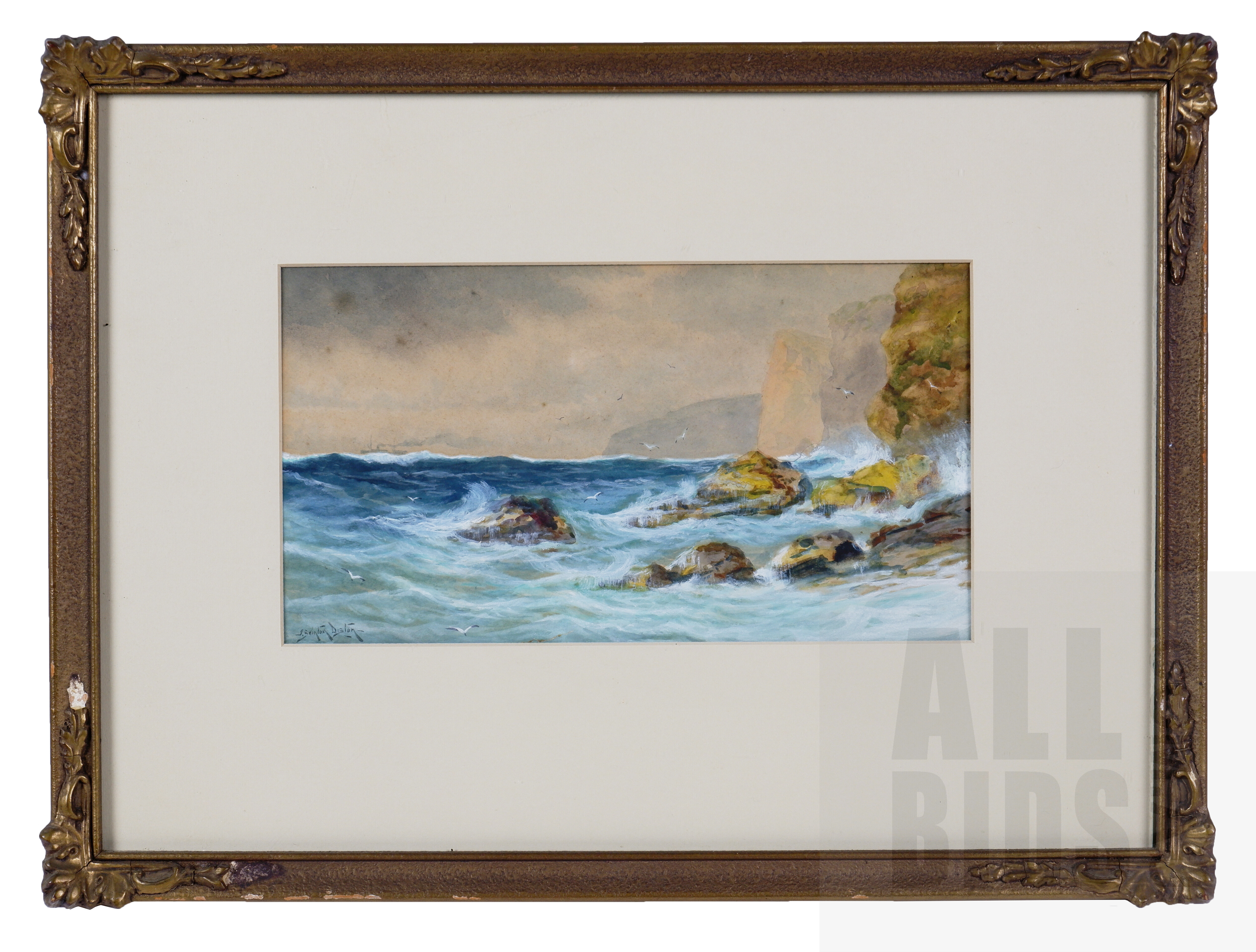 'James Swinton Diston (1857-1940), Coastal Seascape, Watercolour Heightened with White, 15 x 26 cm'