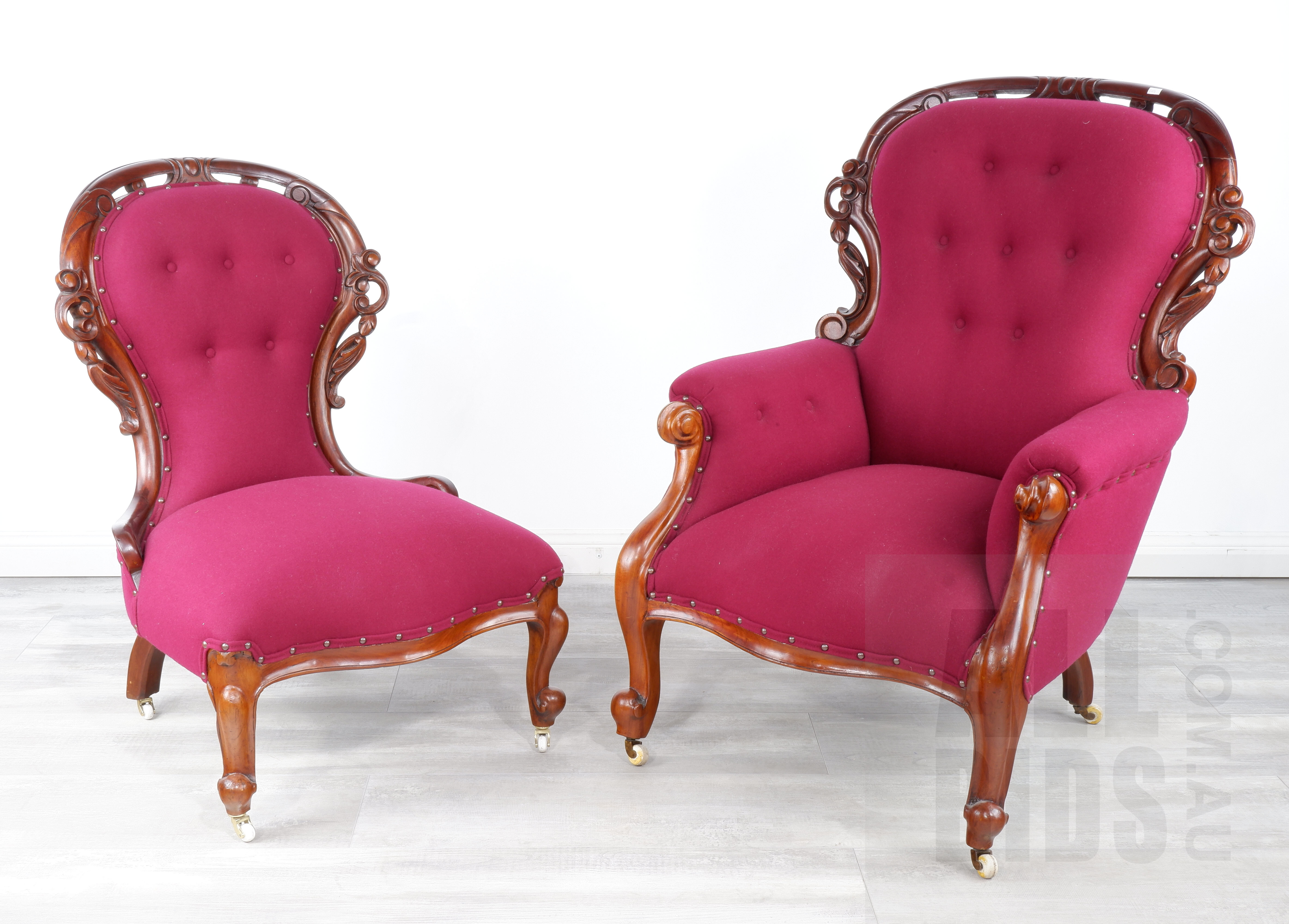 'Good Victorian Mahogany Armchair with Matched Salon Chair, Both with Vibrant Crimson Fabric Upholstery, Circa 1880'