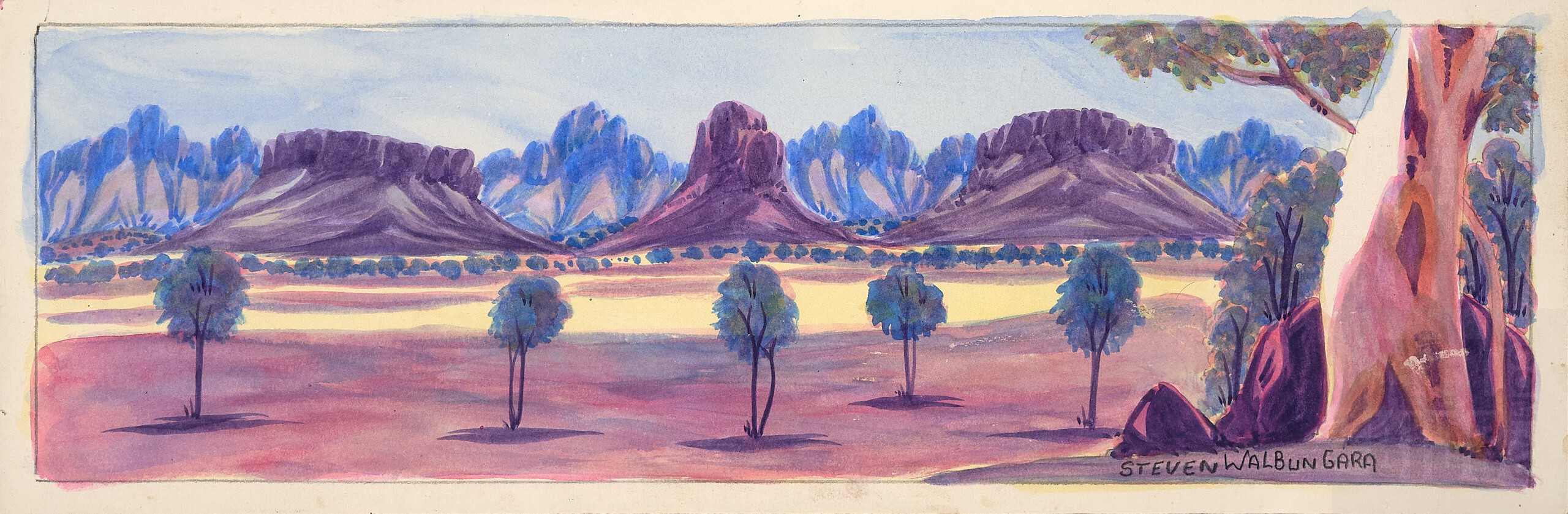 'Steven Walbungarra (born 1959), Central Australian Landscape, Watercolour on Crescent Board, 11 x 36.5 cm'