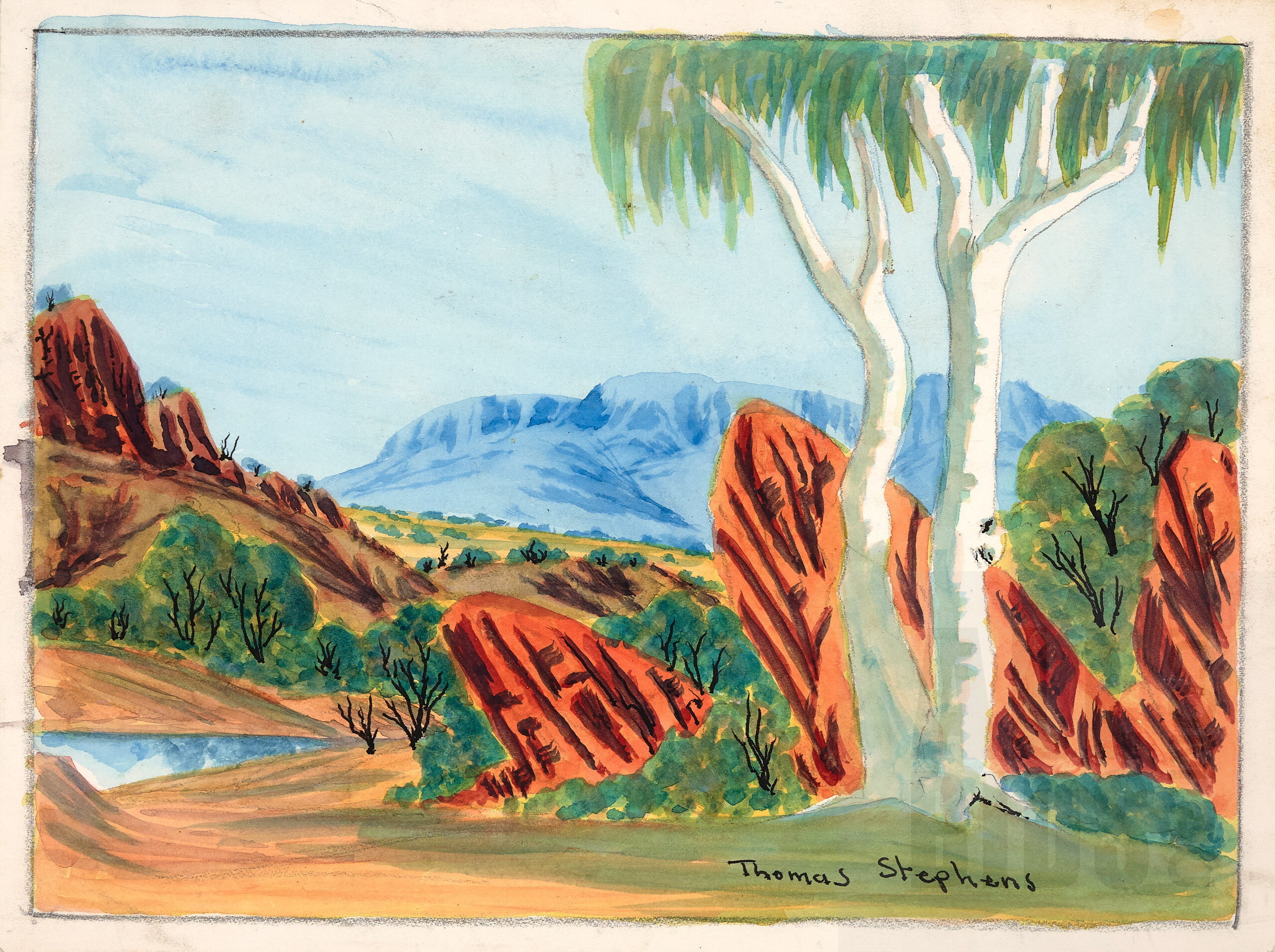 'Thomas Stephens Yamankara, James Range NT, Watercolour on Crescent Board, 16.5 x 22.5 cm'
