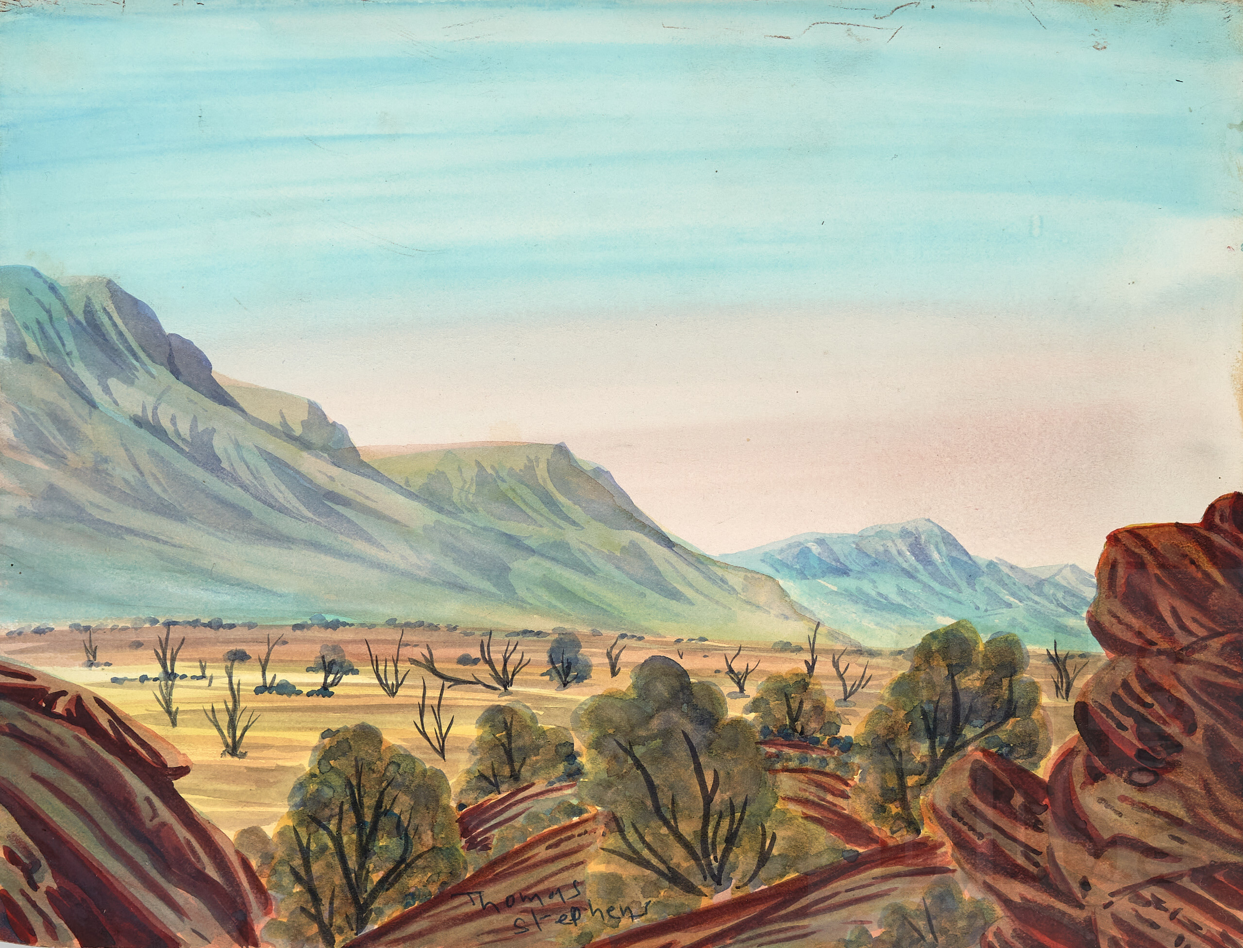'Thomas Stephens Yamankara, Petermann Ranges, Watercolour on Crescent Board, 19.5 x 25 cm'