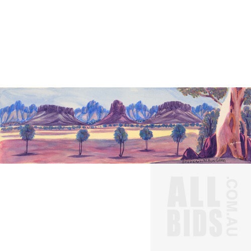 Steven Walbungarra (born 1959), Central Australian Landscape, Watercolour on Crescent Board, 11 x 36.5 cm