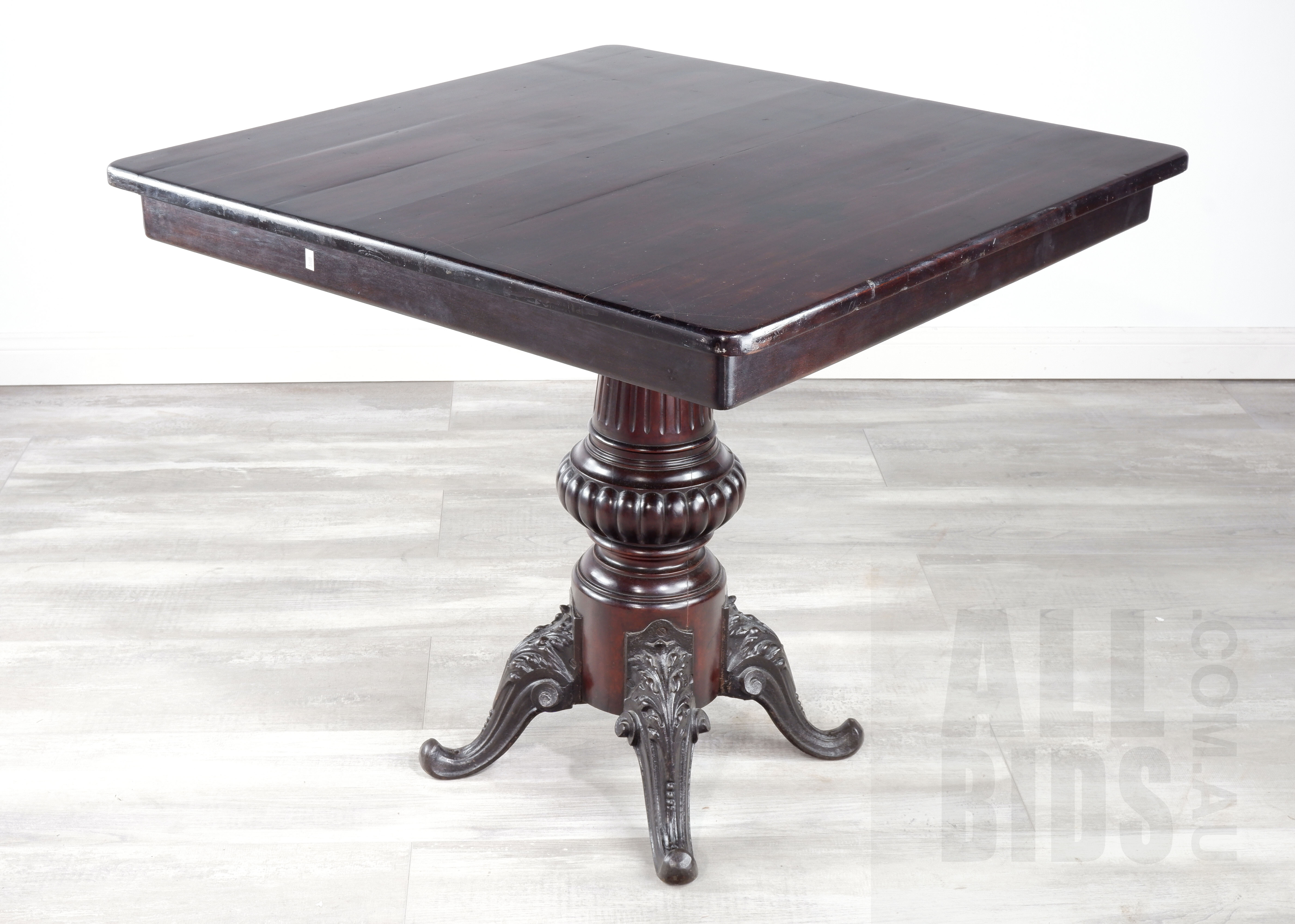 'Rare Antique American Philip Strobel & Sons Mahogany Table on Profusely Carved Column with Four Cast Iron Scroll Feet, Late 19th Century'