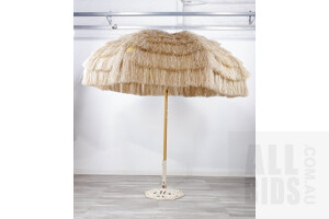 Retro Shelta Balinese Style Faux Grass Adjustable Umbrella with Vintage Rustic Cast Metal Umbrella Stand