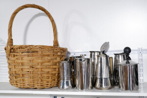 Collection Seven Coffee Percolators Including Vev Vigano and More in Woven Cane  Basket