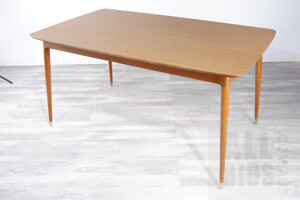 Retro Timber Laminate Dining Table with Brass Cap Feet