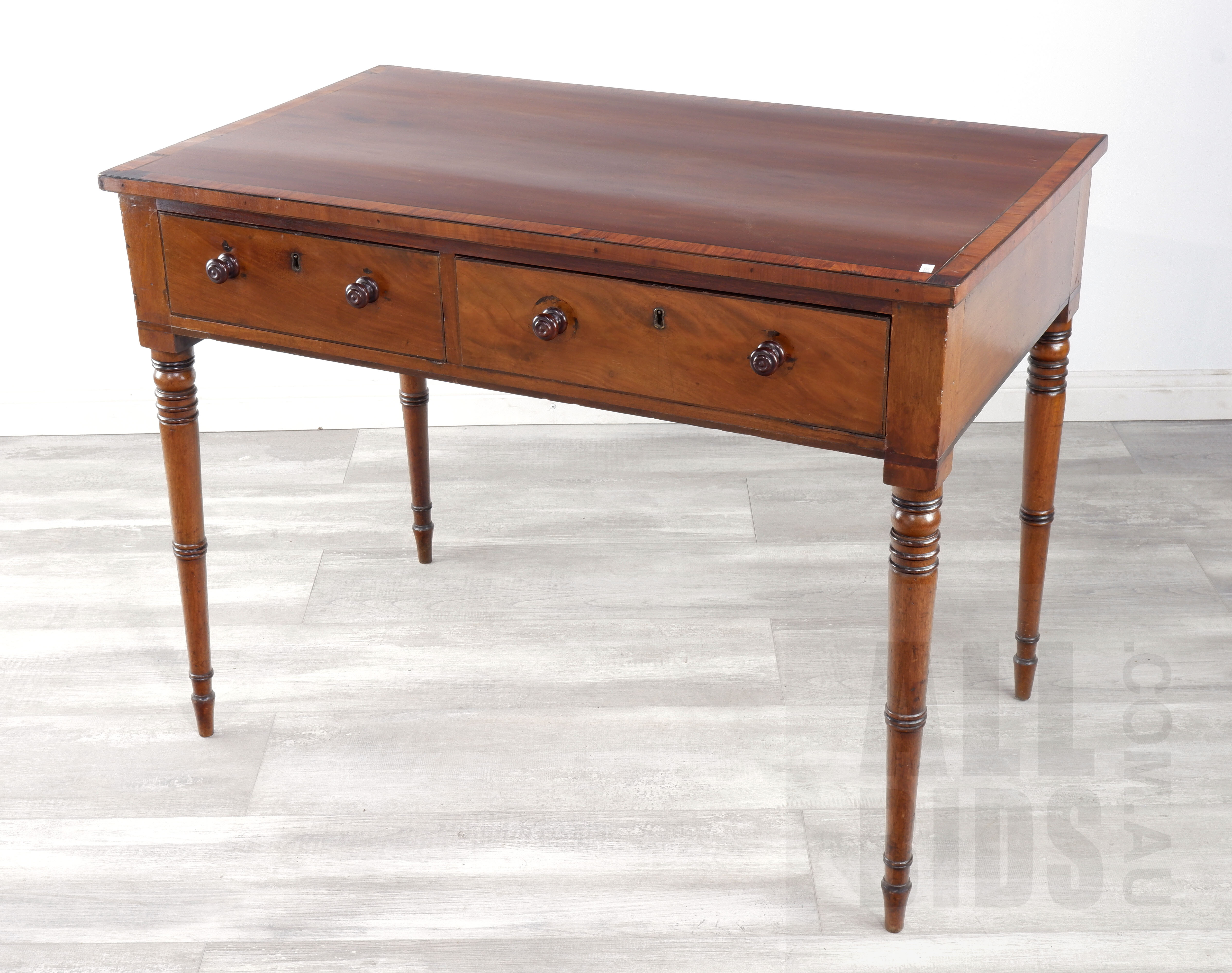 'Early Victorian Mahogany and Ebony Strung Two Drawer Writing Table, Mid 19th Century'