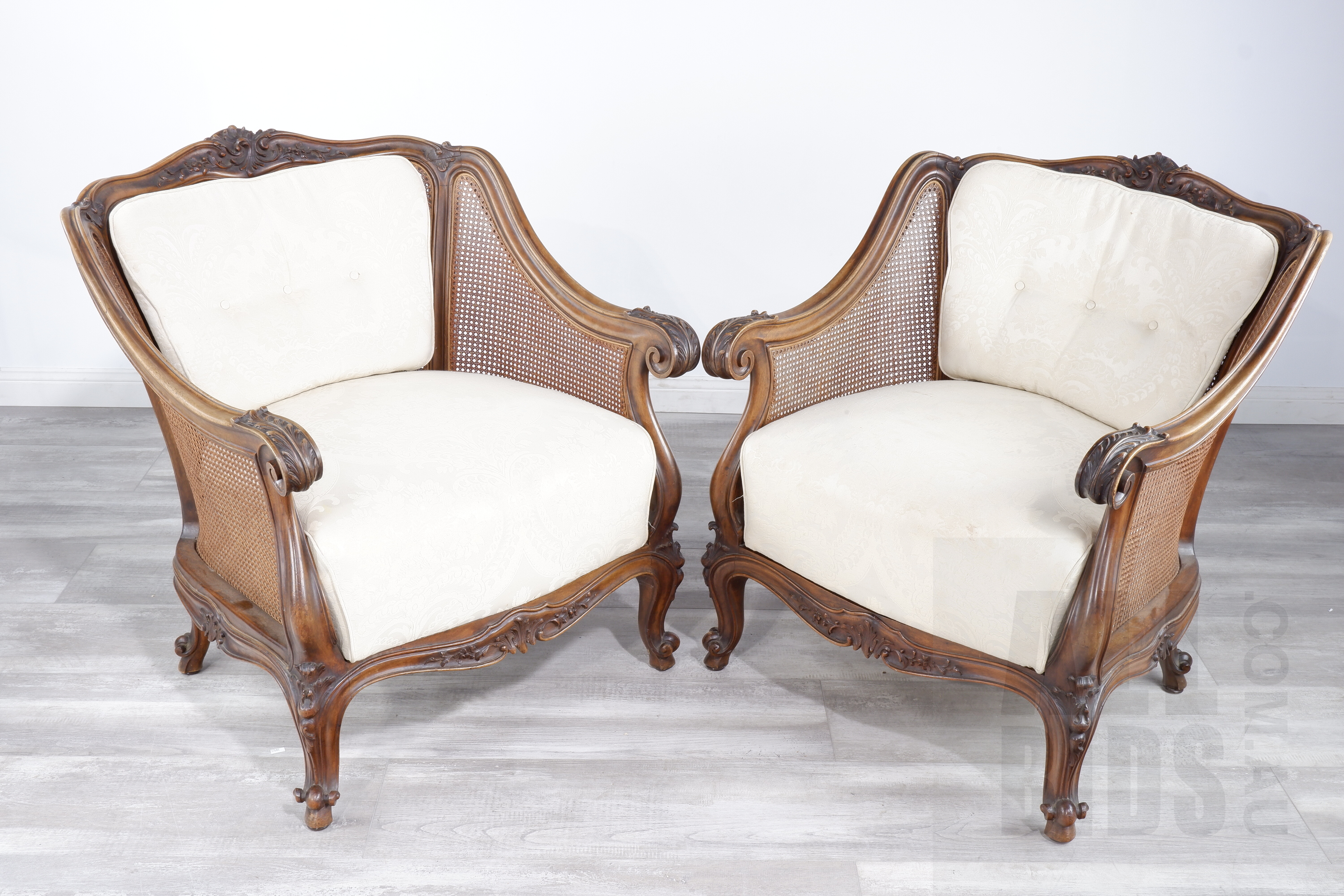 'Pair of Early 20th Century European Cane Armchairs with Buttoned Floral Brocade Upholstery'