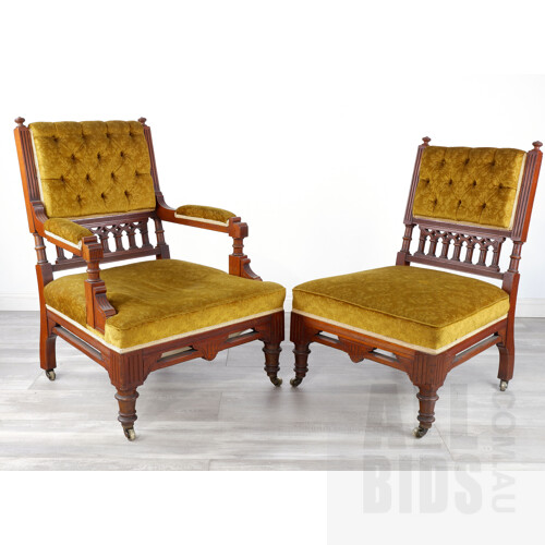 Pair of Victorian Mahogany 'Aesthetic Movement' Salon Chairs, British Circa 1880-1890