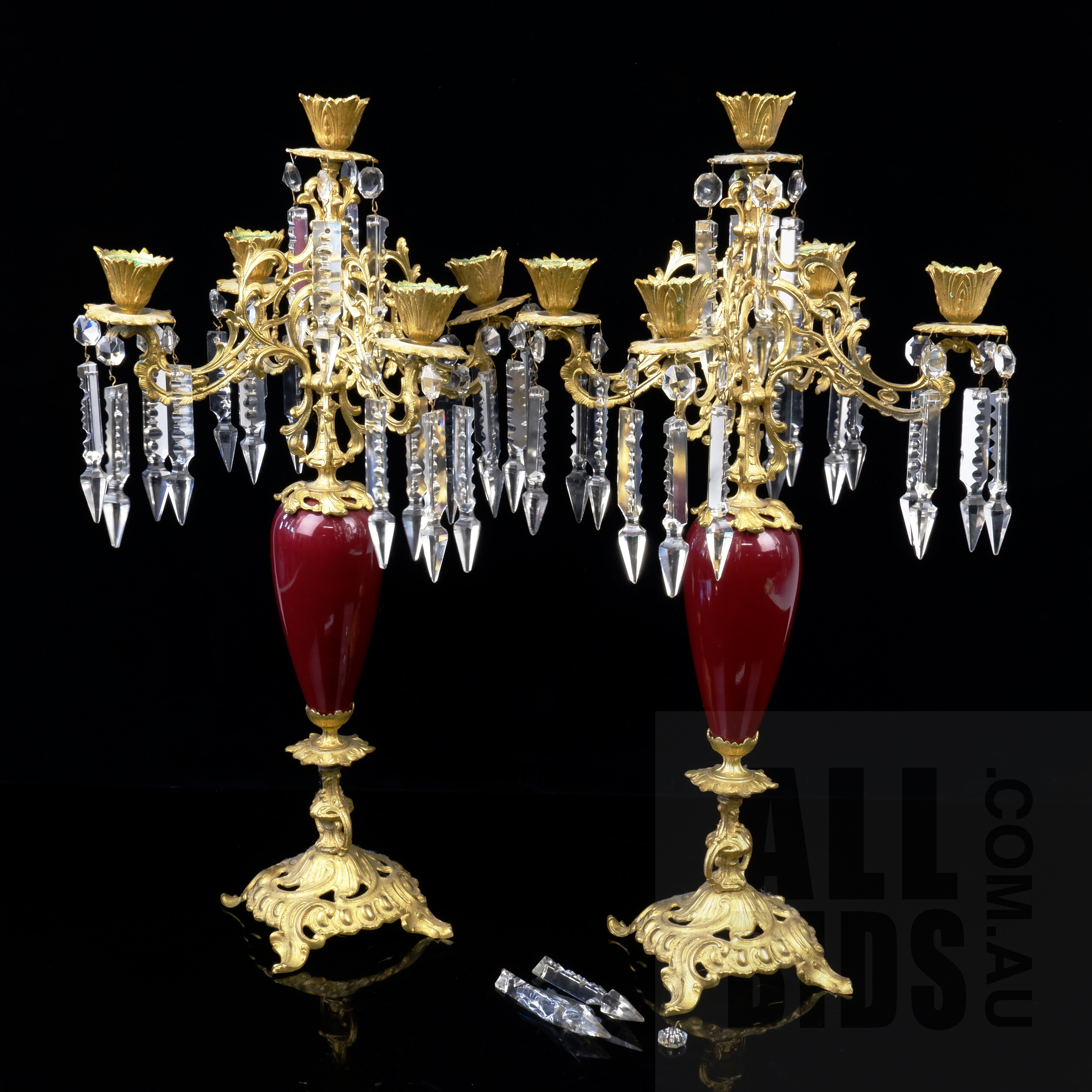 'Good Pair of Antique Style Swedish Gilt Metal and Glass Candelabras with Prism Drops'