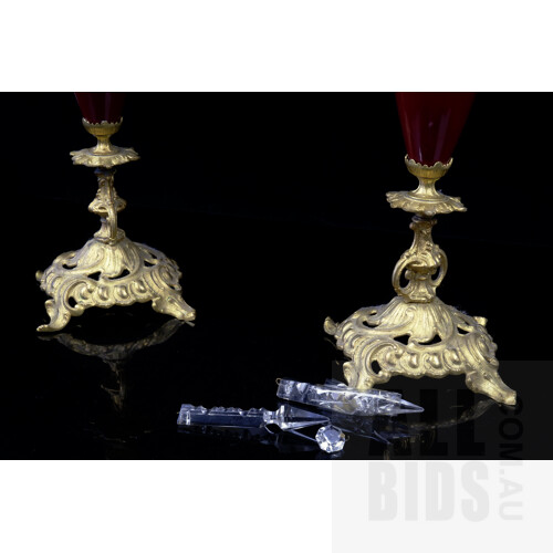 Good Pair of Antique Style Swedish Gilt Metal and Glass Candelabras with Prism Drops
