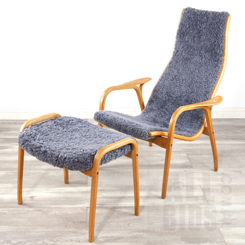 Yngve Ekstrom (Sweden 1913-1988) Lamino Oak Lounge Chair and Footstool with Sheepskin Upholstery