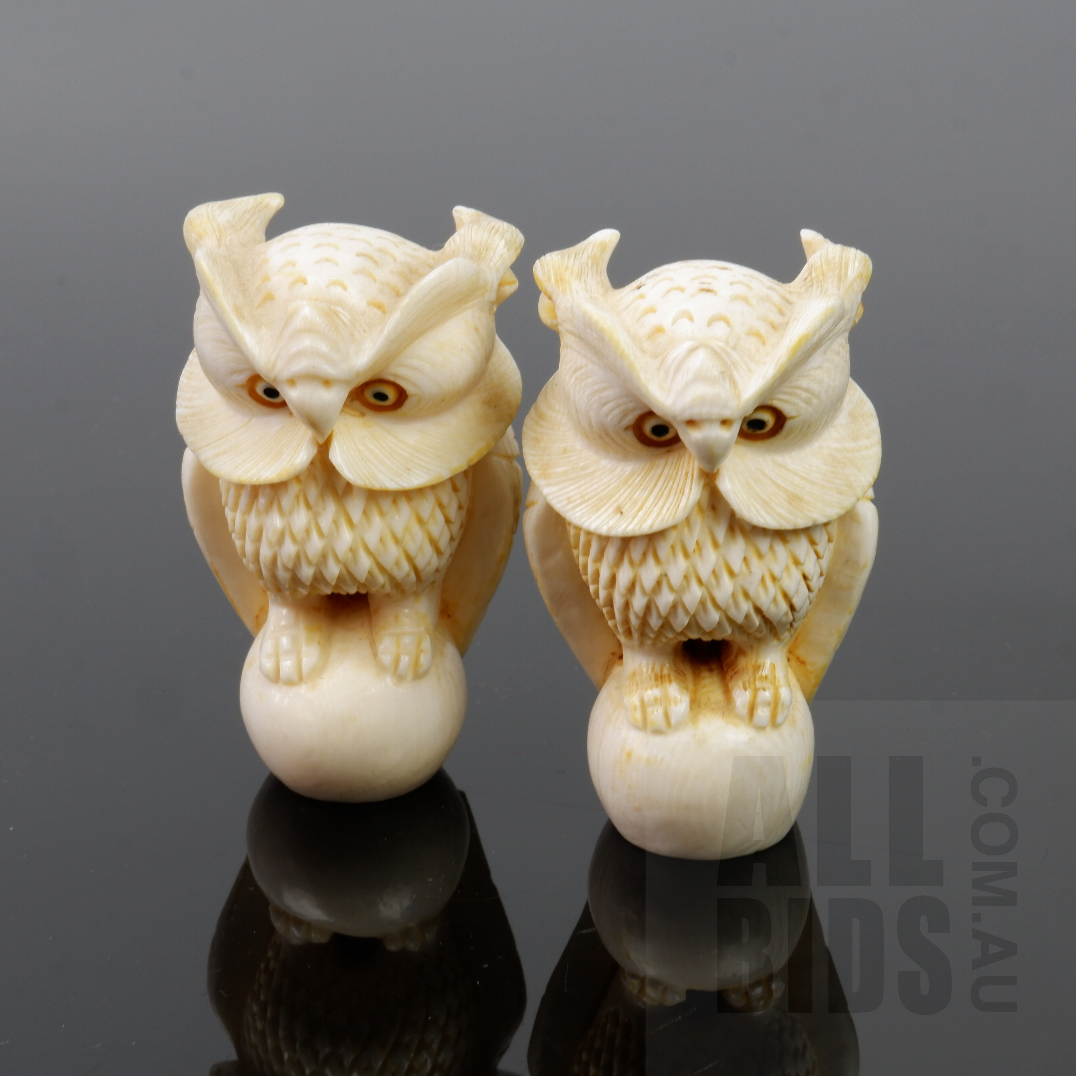 'Pair of Good Antique Japanese Carved Ivory Owl Netsuke, Signed'