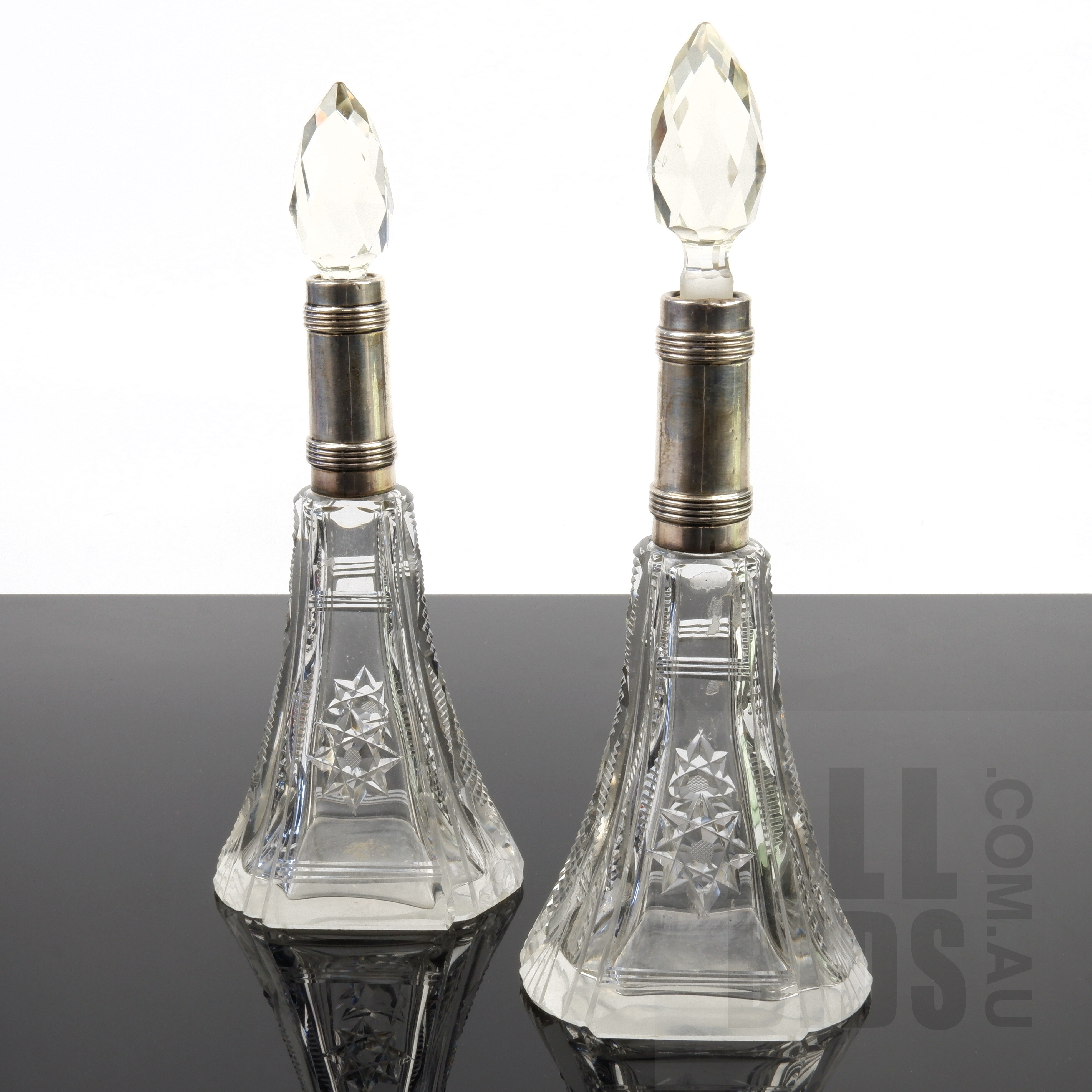 'Pair of Sterling Silver Mounted Cut Crystal Perfume Bottles, London, Henry Perkins & Sons, 1925'