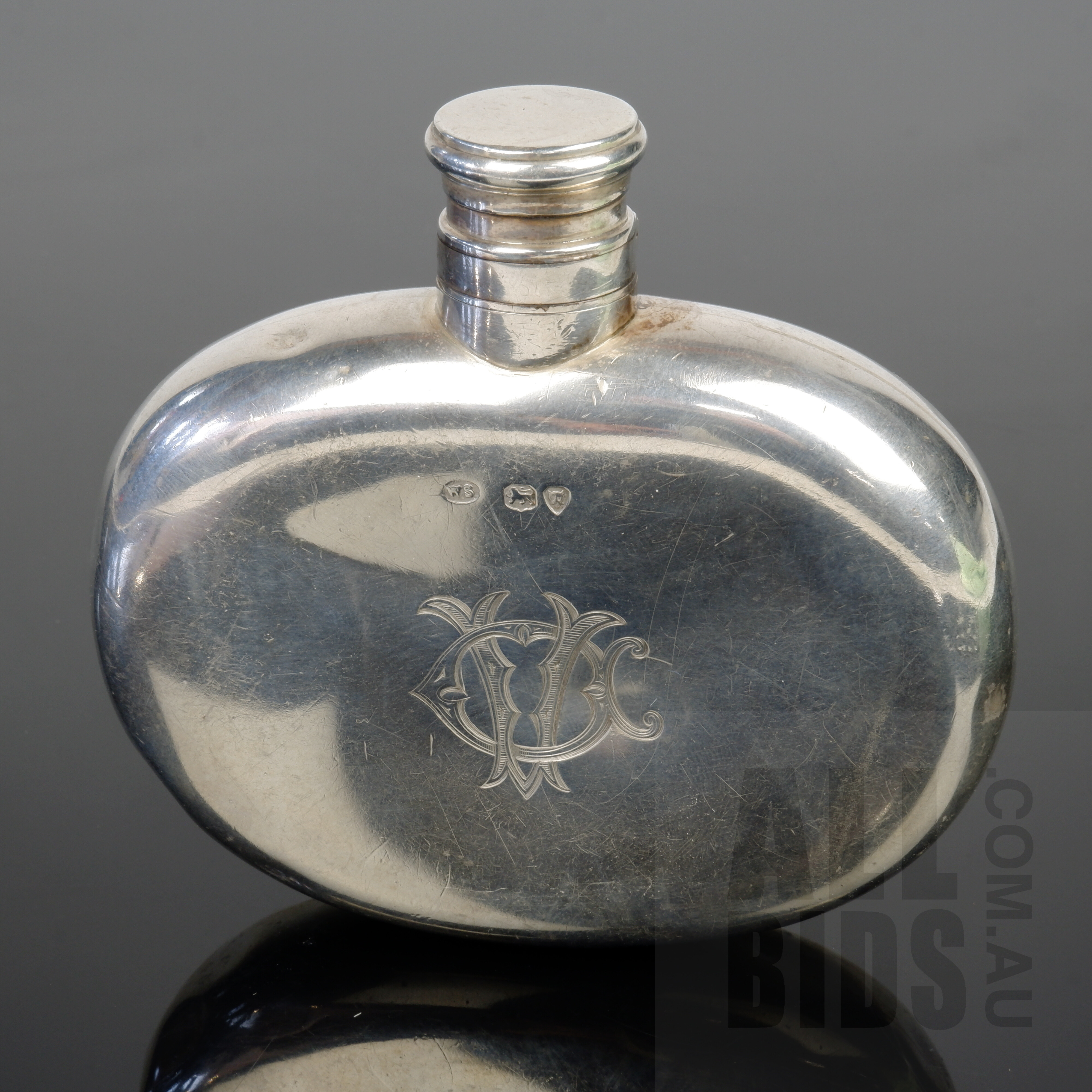 'Victorian Monogrammed Sterling Silver Hip Flask, London, William Sumner, 1876, 120g'