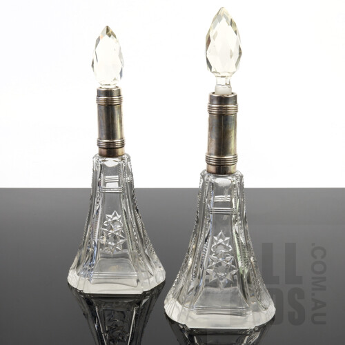 Pair of Sterling Silver Mounted Cut Crystal Perfume Bottles, London, Henry Perkins & Sons, 1925