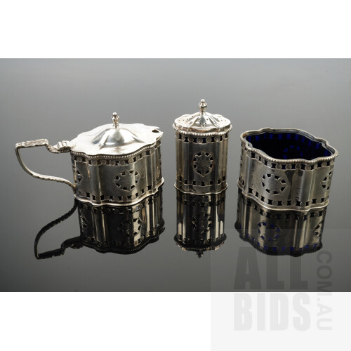 Sterling Silver Cruet Set with Cobalt Blue Glass Liners, London, A Chick & Sons Ltd, 1964