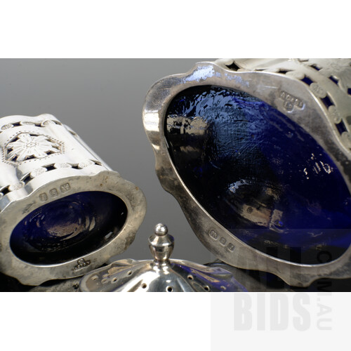 Sterling Silver Cruet Set with Cobalt Blue Glass Liners, London, A Chick & Sons Ltd, 1964