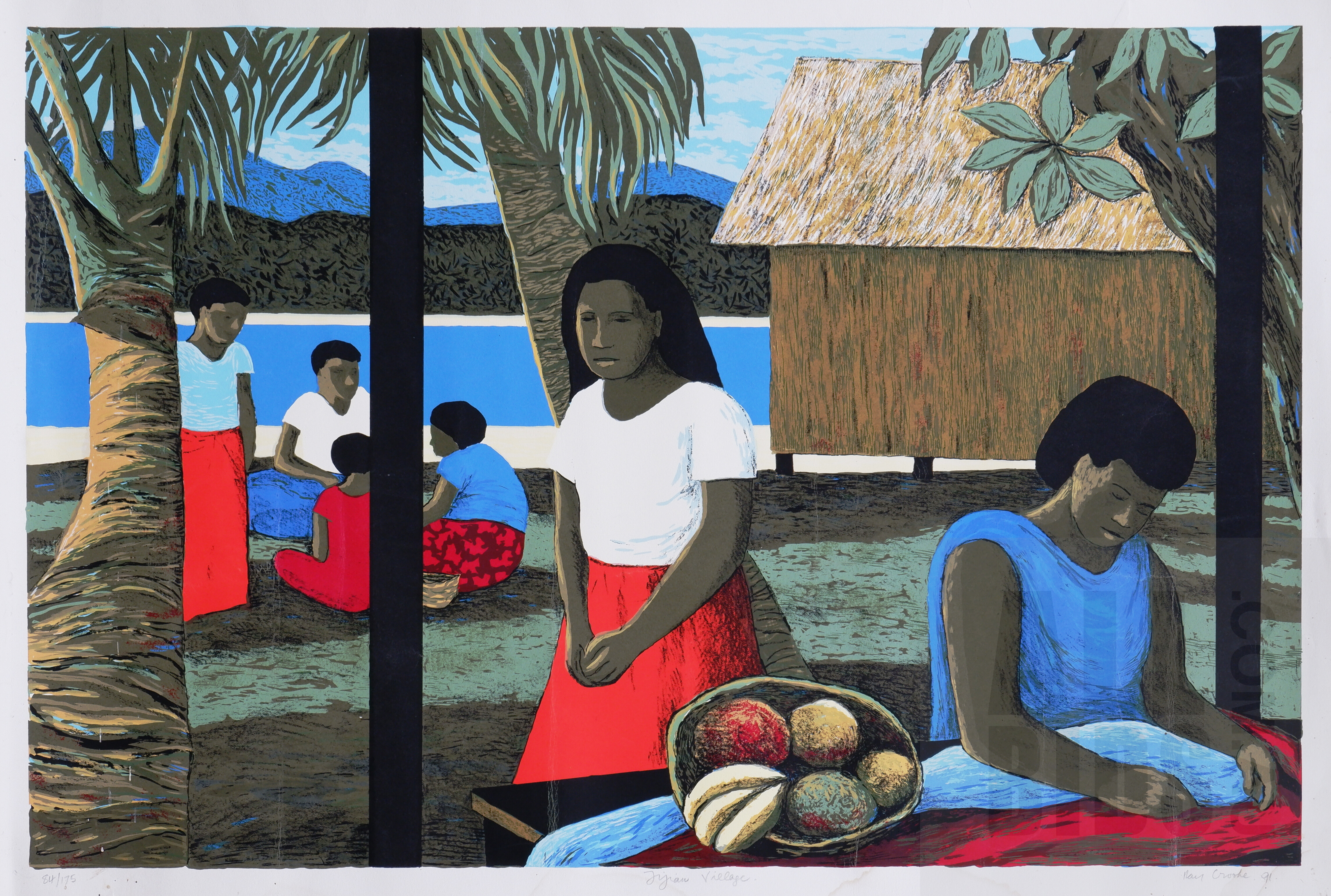 'Ray Crooke (1922-2015), Fijian Village 1991, Screenprint, 48 x 73.5 cm (image size)'