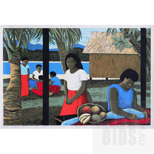 Ray Crooke (1922-2015), Fijian Village 1991, Screenprint, 48 x 73.5 cm (image size)