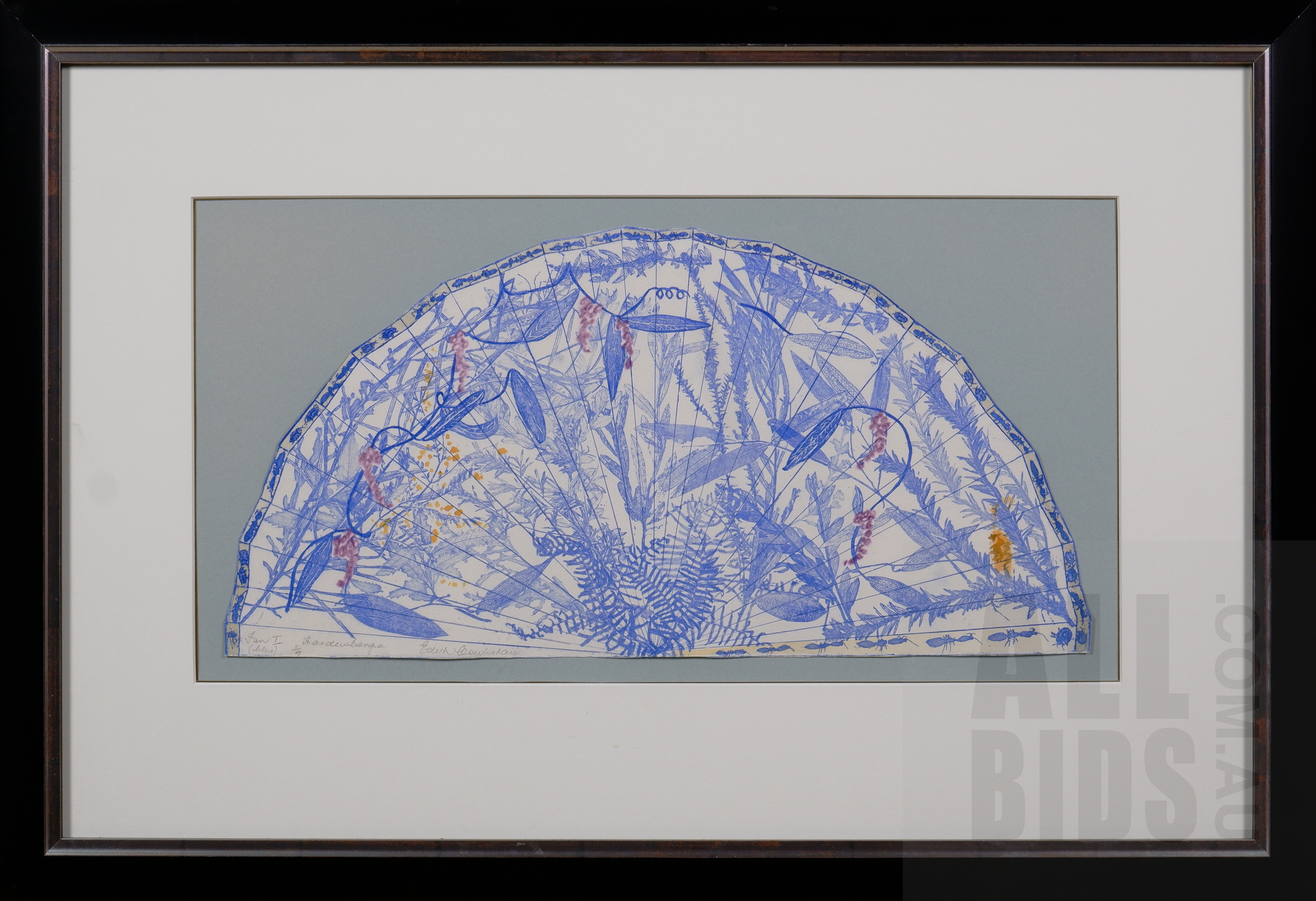 'Edith Cowlishaw (born 1924), Fan I, Hardenbergia (Blue), Etching & Aquatint, 25 x 48 cm (image)'