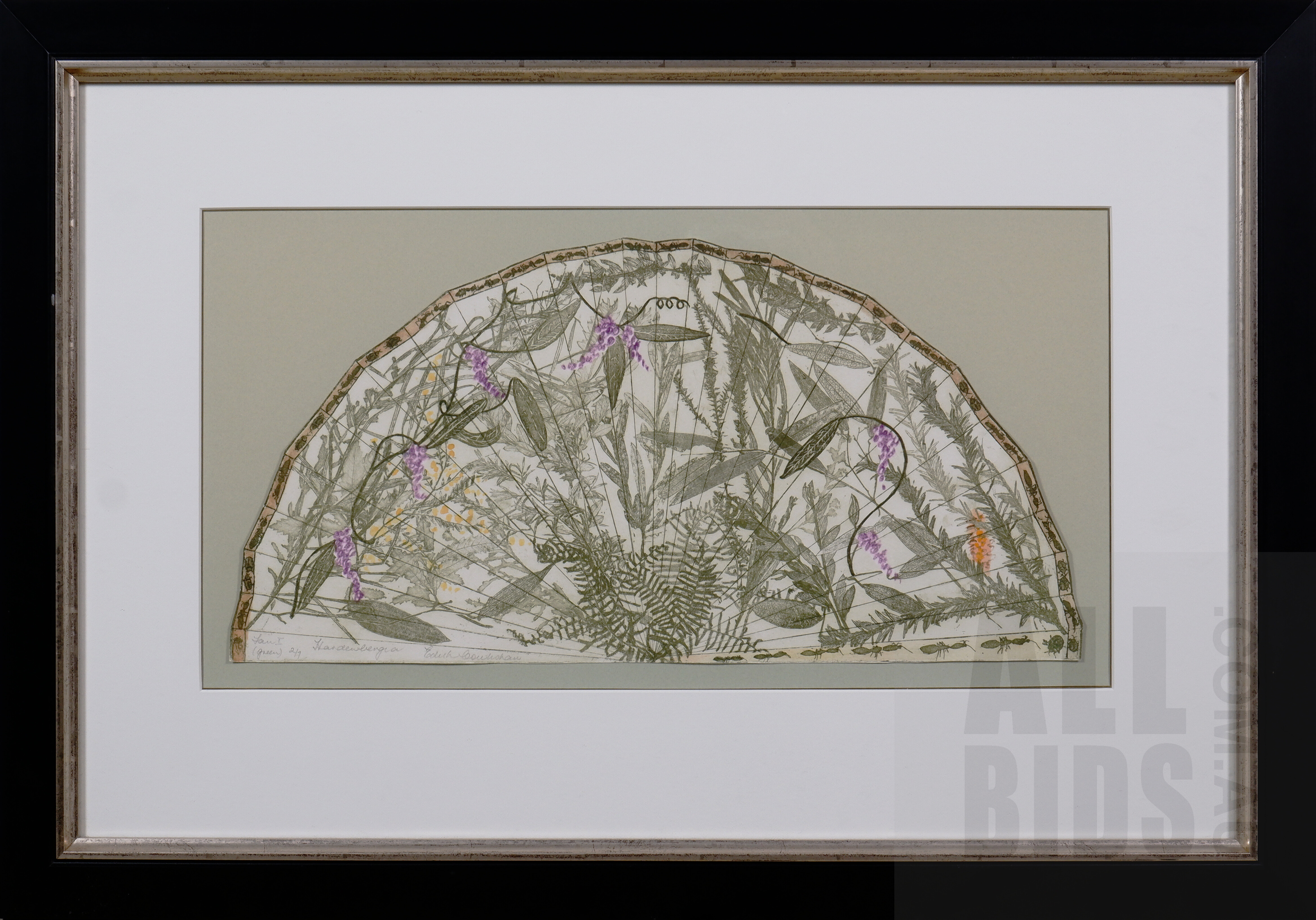 'Edith Cowlishaw (born 1924), Fan I, Hardenbergia (Green), Etching & Aquatint, 25 x 48 cm (image)'