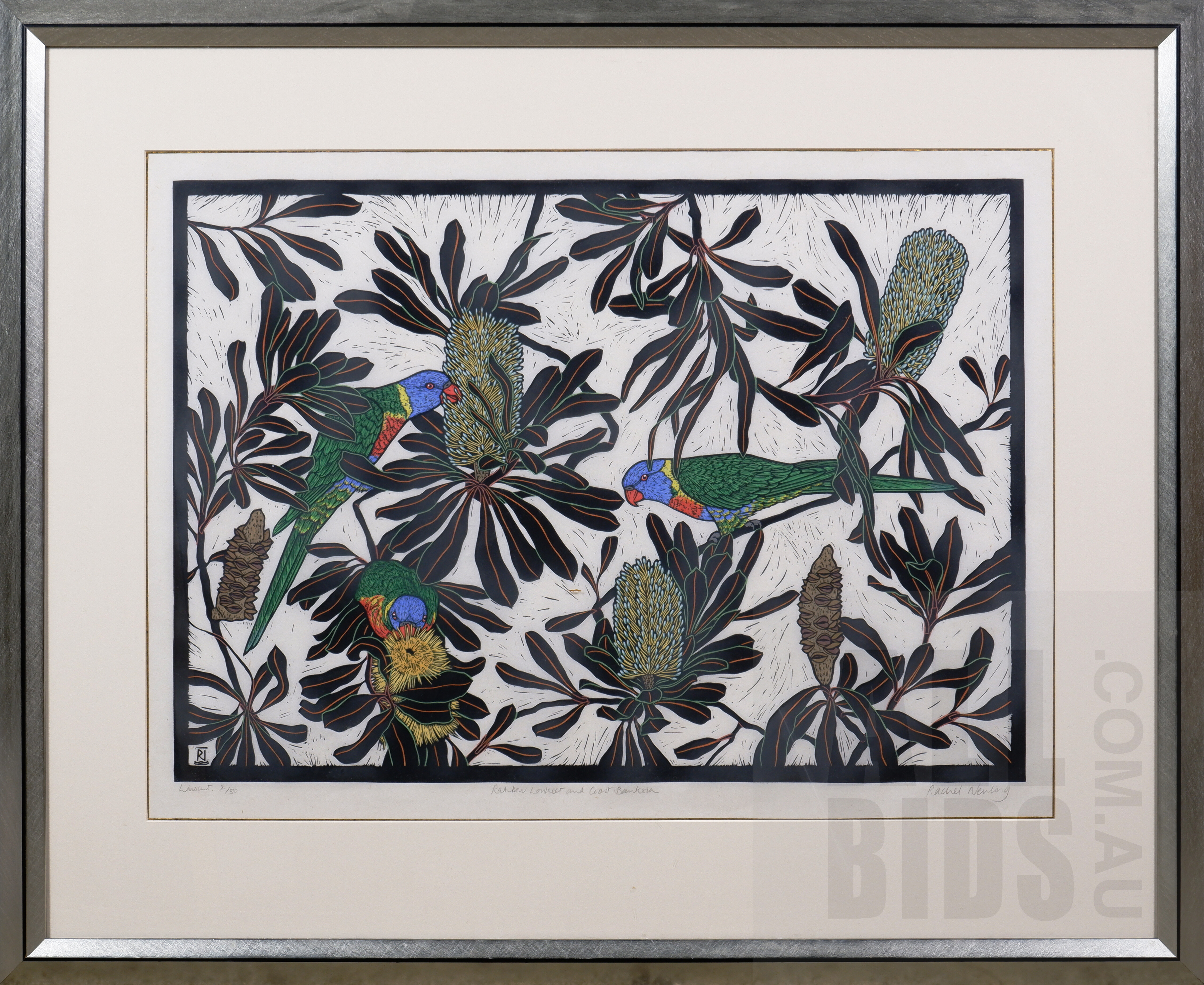 'Rachel Newling (born 1956), Rainbow Lorikeet & Coast Banksia, Linocut, 52.5 x 74 cm (image)'