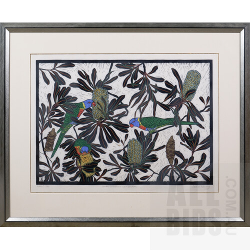 Rachel Newling (born 1956), Rainbow Lorikeet & Coast Banksia, Linocut, 52.5 x 74 cm (image)