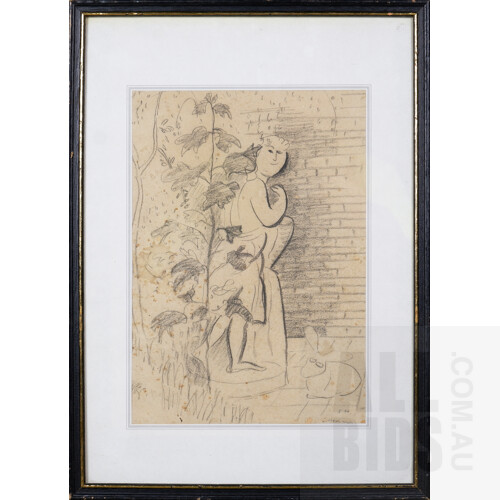Framed Pencil Drawing, Figure and Rabbit, Signed SH lower right 29 x 20 cm