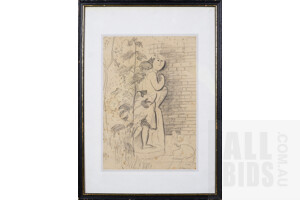 Framed Pencil Drawing, Figure and Rabbit, Signed SH lower right 29 x 20 cm
