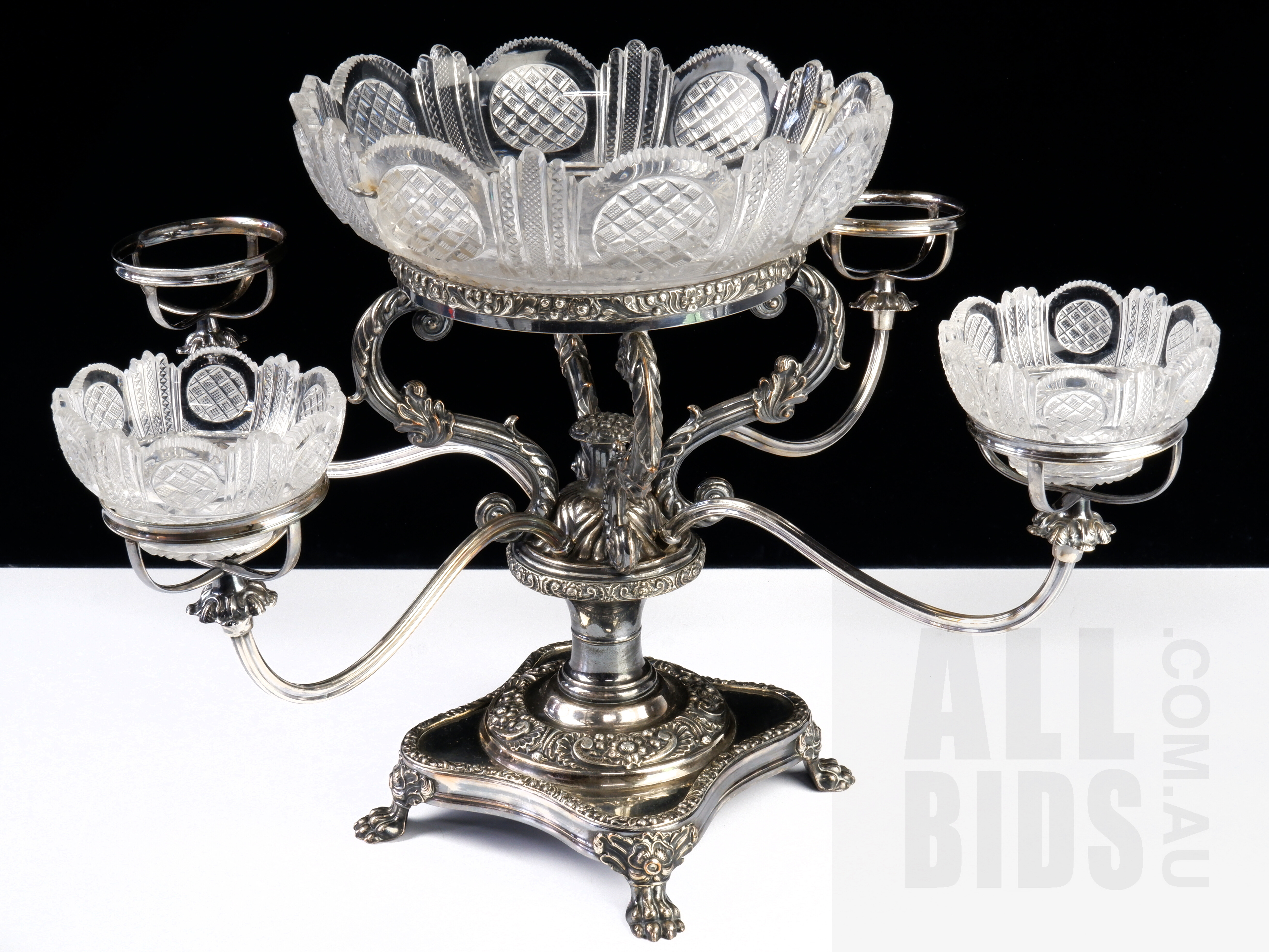 'Antique Sheffield Plate Epergne with Antique Staple Repairs to Central Lead Crystal Bowl'