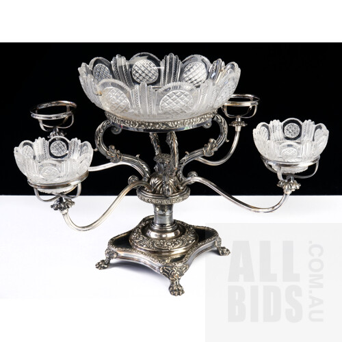 Antique Sheffield Plate Epergne with Antique Staple Repairs to Central Lead Crystal Bowl