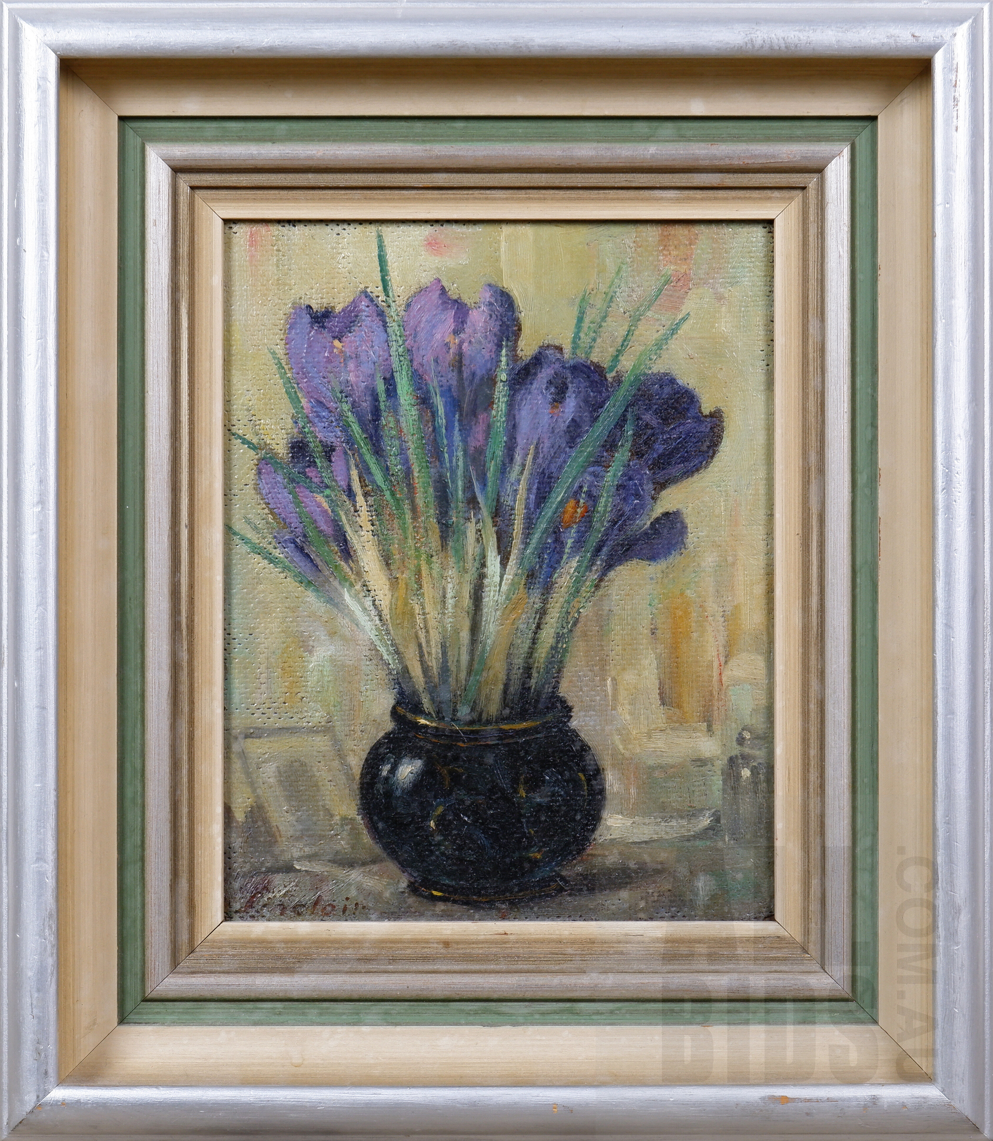 'Folke Sinclair (1877-1956, Swedish), Crocuses 1944, Oil on Panel, 37 x 31 cm (including frame)'