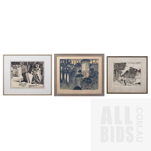 Three Framed Etchings: Gerhard Nordstrom (1925-2019, Swedish), Louis Bastin (1912-1979, Swedish) & Reidar Audie (1904-1977, Norwegian), largest 54 x 64 cm (incl. frame) (3)