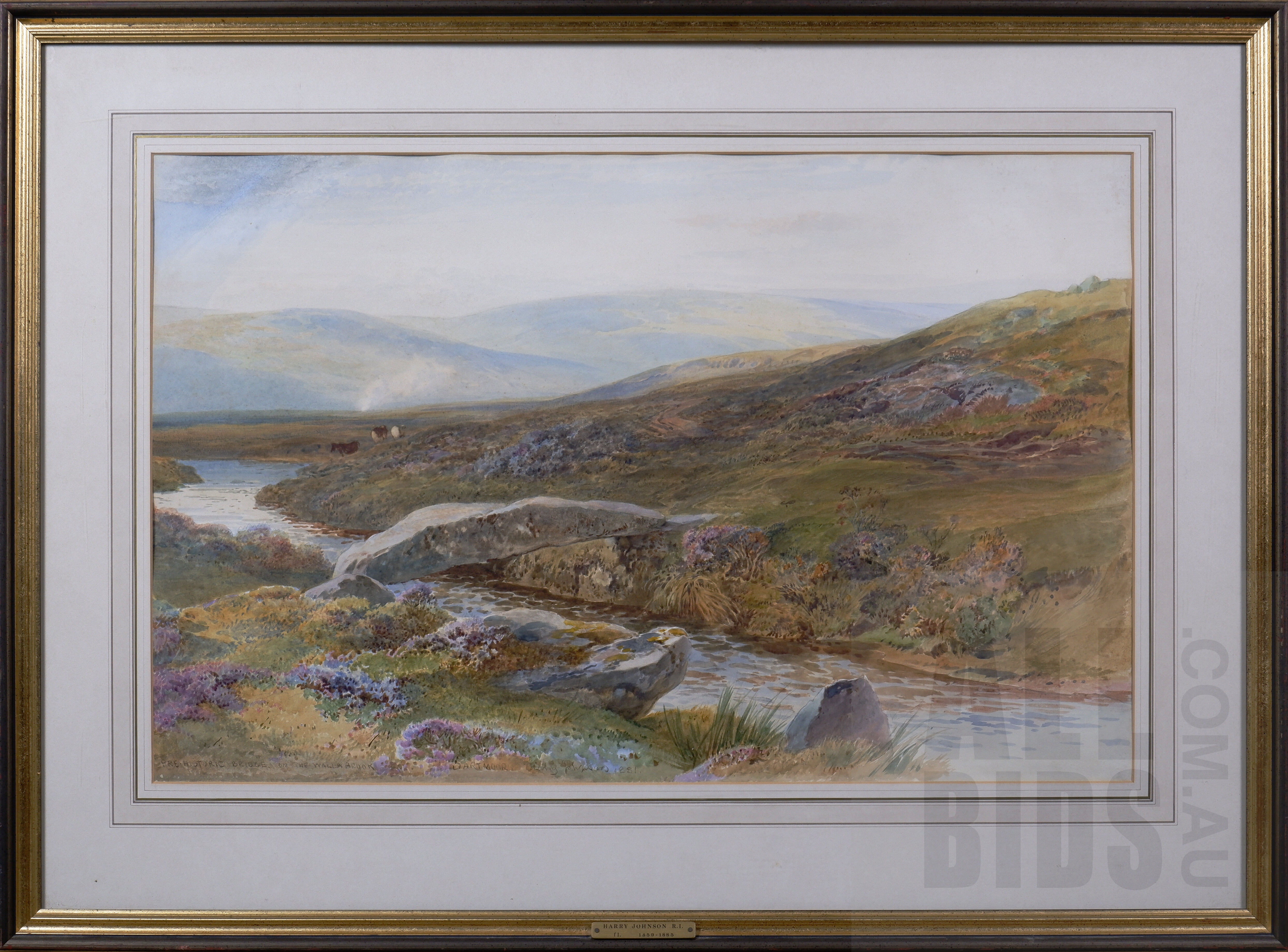 'Harry Johnson (British, 1826-1884), Prehistoric Bridge on the Walla Brook, Dartmoor 1881, watercolour, 51 x 33cm'