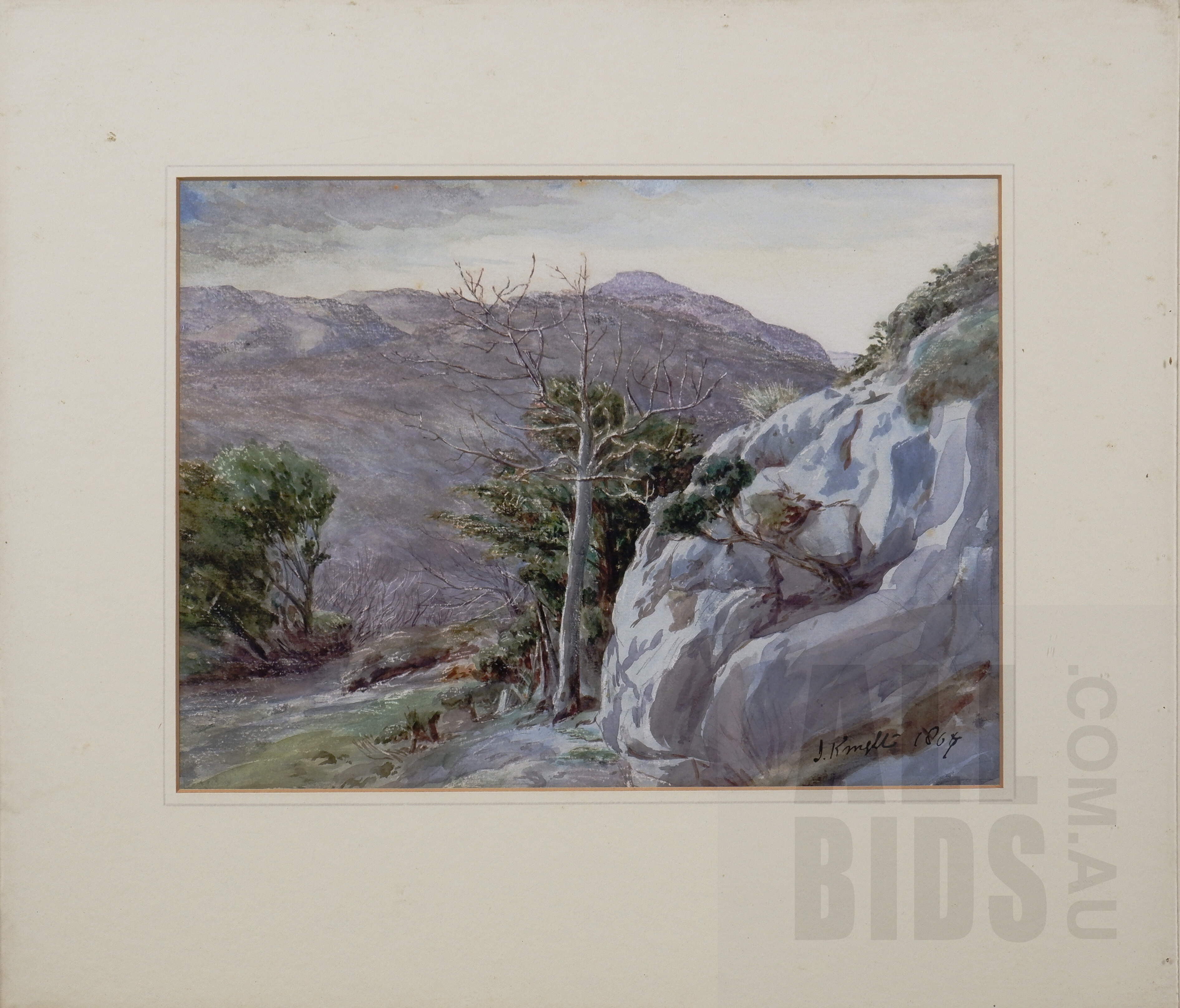 'Joseph Knight (British, 1837-1909), A Rocky Mountainous Landscape 1867, pencil and wash, 25 x 33.5cm'