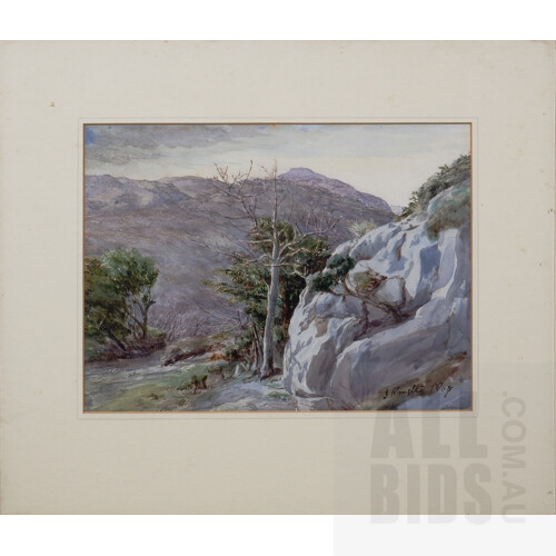 Joseph Knight (British, 1837-1909), A Rocky Mountainous Landscape 1867, pencil and wash, 25 x 33.5cm