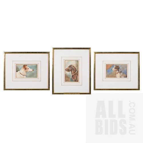 Horatio Henry Couldery (British, 1832-c.1893), Three Studies of Dogs, watercolour, each 13.5 x 8.5cm (3) (30.5 x 25cm framed)