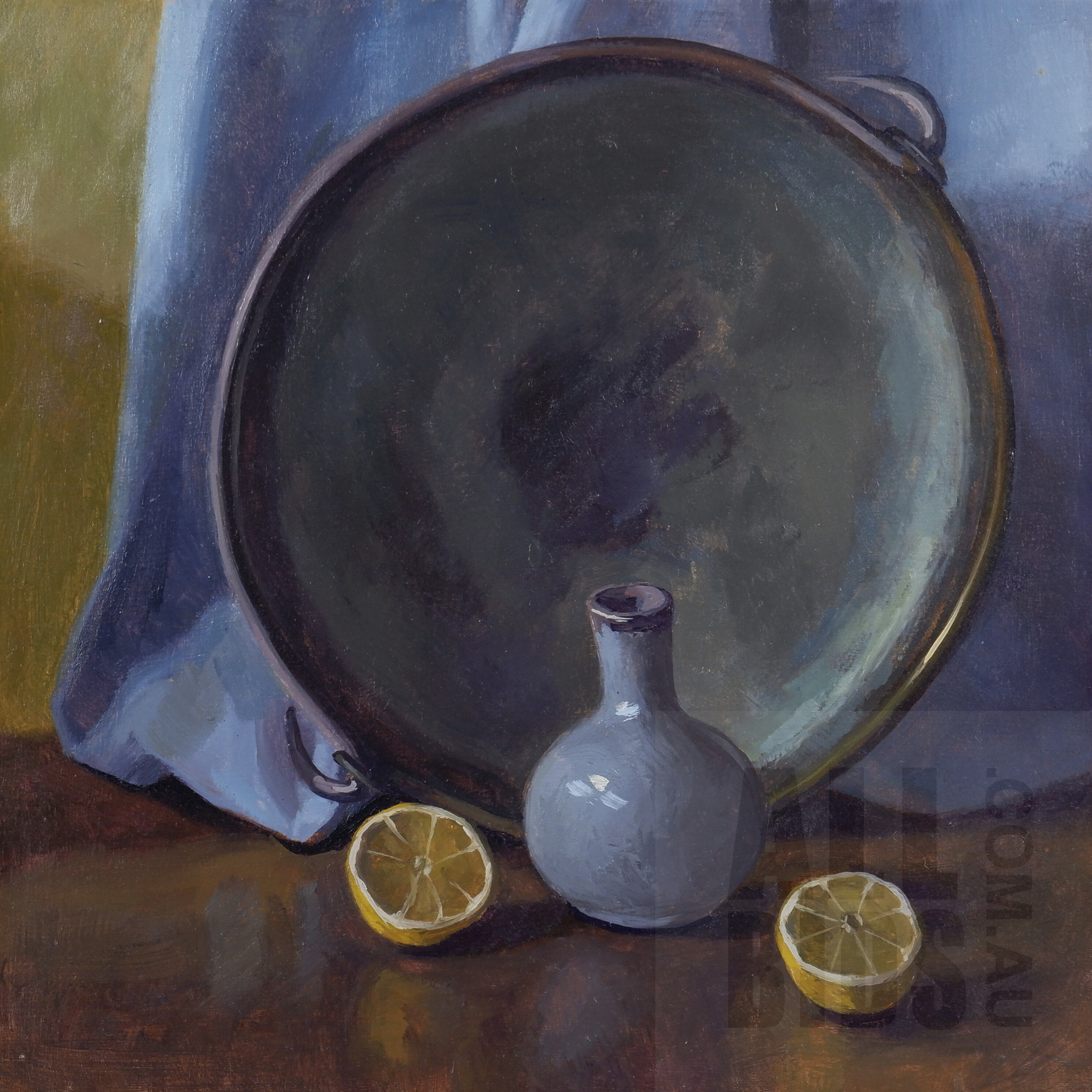 'Crispin Akerman (born 1960), Lemons, Vase & Bowl 2019, Oil on Board, 20 x 20 cm'