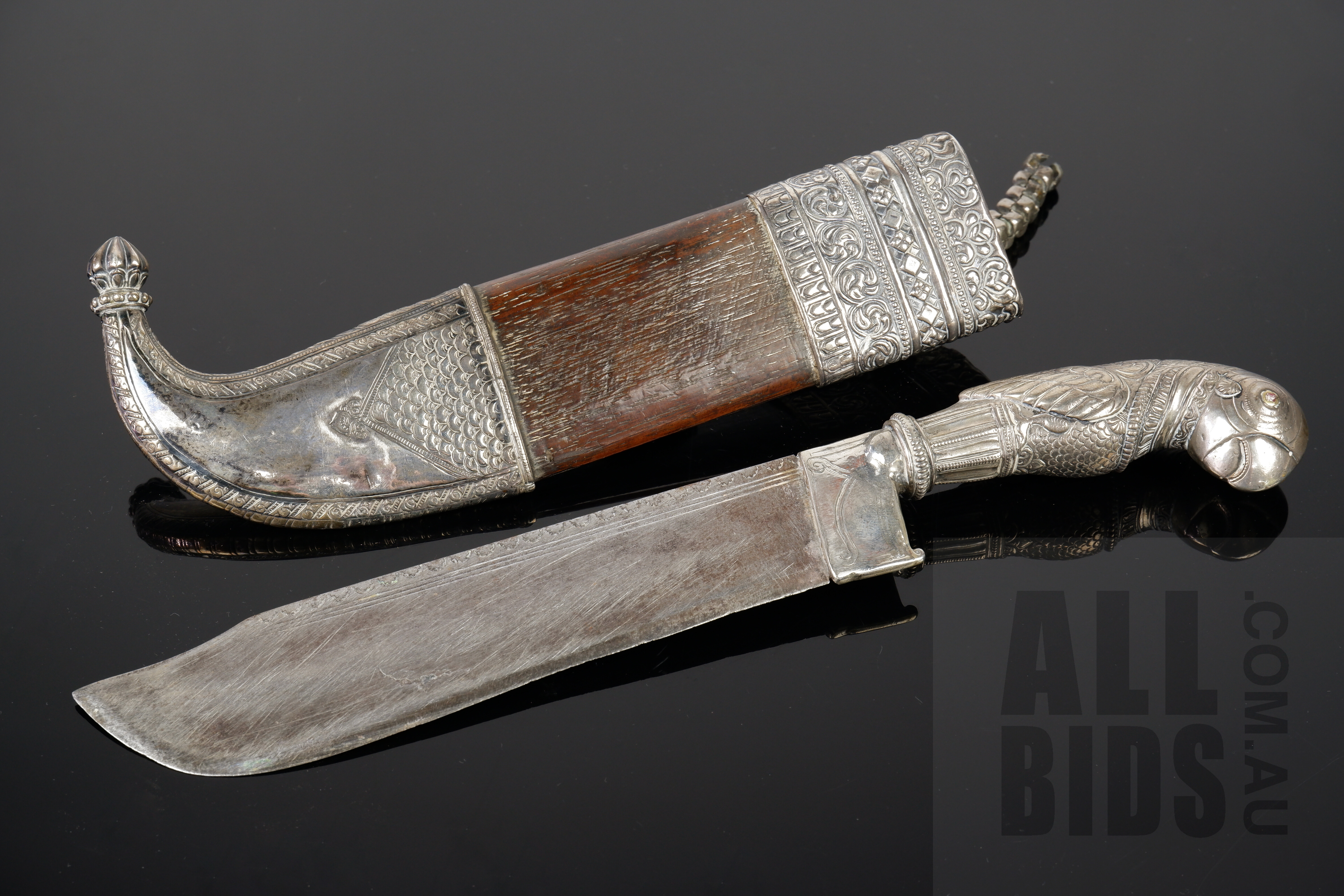 'Antique Silver and Hardwood Cased Knife with Parrot Head Handle'